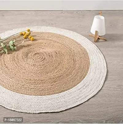 VANU? handwowen Jute Rug for Living Room,Dining Room,Bed Room,and Floor Braided Reversible Carpet for Bedroom Office Entry Ways (90 cm Round, White boder)