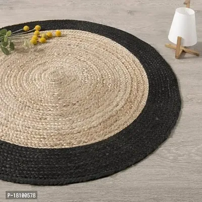 VANU Handwoven Jute Natural Reversible Rugs Round Braided Floor Carpet Mat for Living Room, Bedroom, Dining, Office, Restaurant (90 cm Round, Black Boder)