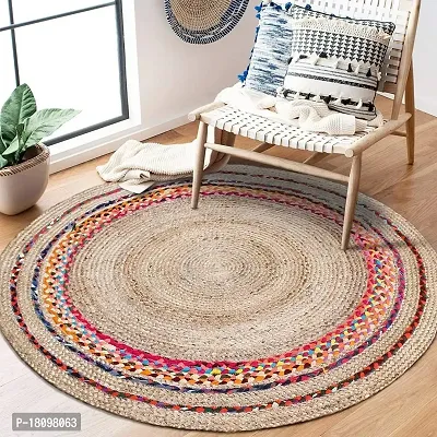 VANU? handwowen Jute chindi Multi Color Rug for Living Room,Dining Room,Bed Room,and Floor Braided Reversible Carpet for Bedroom (chindi Jute, 90 cm Round)-thumb0