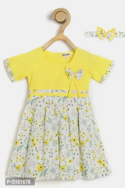 Stunning Yellow Cotton Flower Printed Dress With Bow Headband For Girls-thumb0