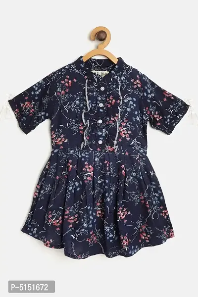 Stunning Navy Blue Cotton Flower Print Dress For Girls-thumb0