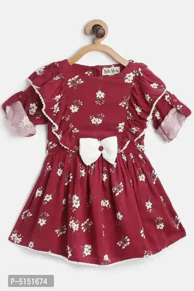 Stunning Maroon Cotton Flower Print Dress For Girls-thumb0