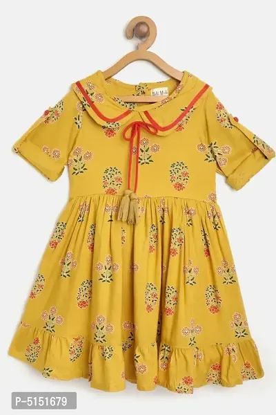 Stunning Yellow Cotton Floral Printed Dress with Bloomer For Girls-thumb0