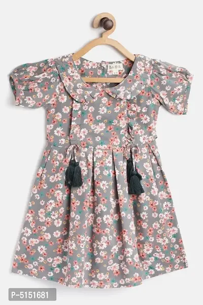 Stunning Grey Cotton Floral Printed Dress with Headband For Girls