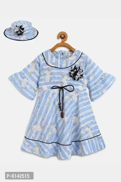 Girls Cotton Fit and Flair Floral Print with Hat Above The Knee Dress Blue