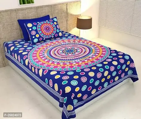 Comfortable Blue Cotton Printed 1 Bedsheet With 1 Pillowcover-thumb0