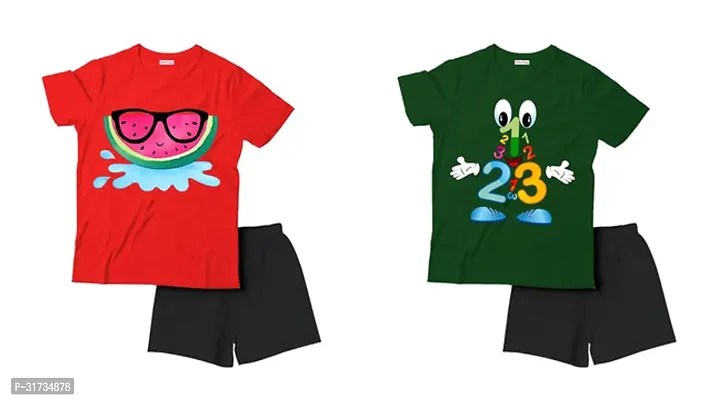 Stylish Multicoloured Cotton Printed T-Shirts with Shorts For Boys Pack Of 2-thumb0