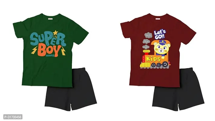 Stylish Multicoloured Cotton Printed T-Shirts with Shorts For Boys Pack Of 2-thumb0