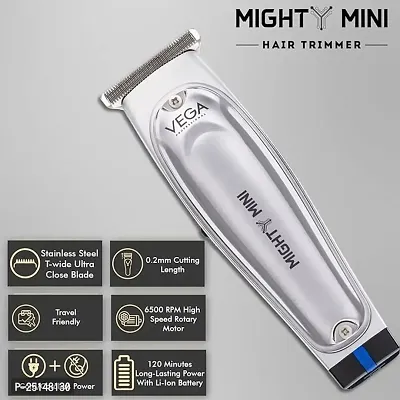 VEGA PROFESSIONAL Mighty Mini Hair Trimmer For Use On The Go, Salon And Home | Stainless Steel Blades| 120 Mins Runtime, 6500 Rpm Motor, Silver, Battery Powered(Vpvht-07)