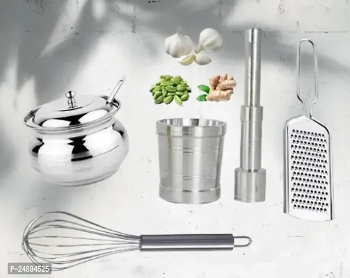 Useful Aluminium Mortar And Pastel Set, Steel Coil Whisker, Cheese Grater And Gree Pot- 5 Pieces-thumb0