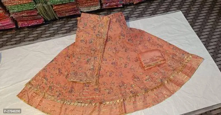 Stylish Peach Cotton Self Pattern Lehenga Choli Set With Dupatta For Women-thumb0