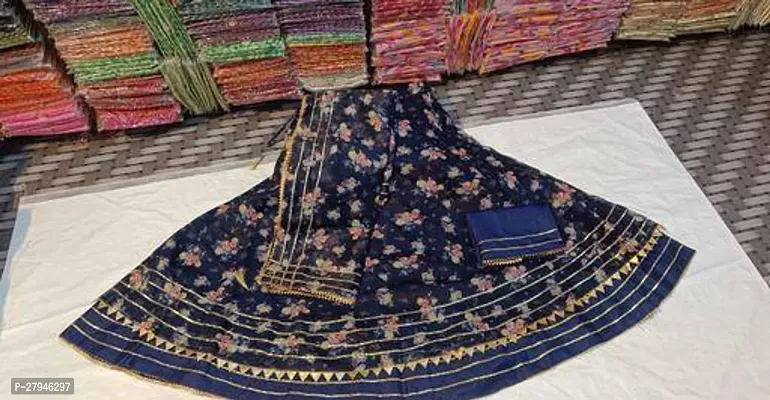 Stylish Navy Blue Cotton Self Pattern Lehenga Choli Set With Dupatta For Women