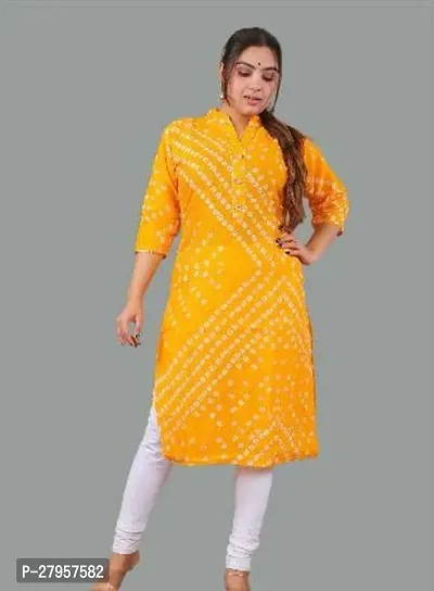 Stylish Yellow Cotton Printed Stitched Kurta For Women