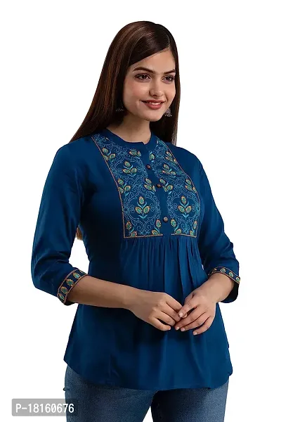 Elegant Blue Rayon  Regular Length Top For Women