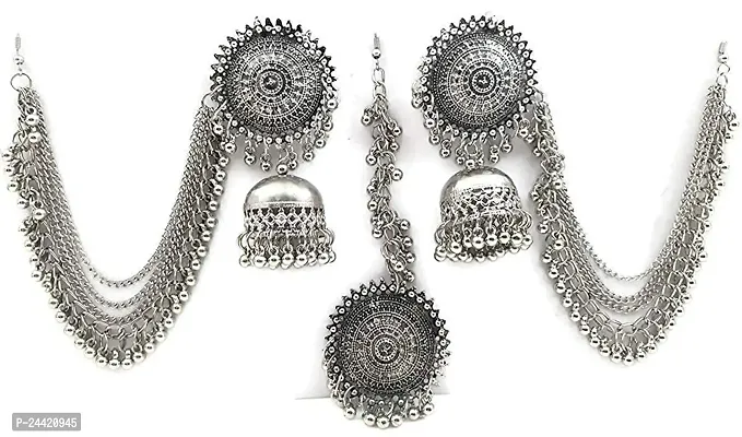 Oxidised Silver Afghani  Garba Style Traditional Maang Tikka with Jhumki-thumb2