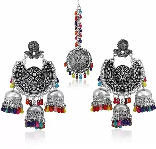 CosMos German Oxidised Silver Afghani Navratri Garba Style Traditional Maang T.ikka with Jhumka Earrings Jewellery Set for Women and Girls