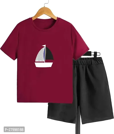 Stylish Maroon Cotton Blend Printed T-Shirts With Shorts Clothing Set For Boys-thumb0