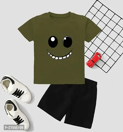 Stylish Olive Cotton Blend Printed T-Shirts With Shorts Clothing Set For Boys-thumb0