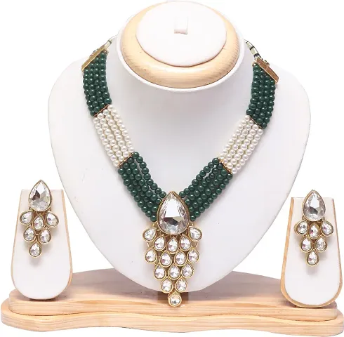 White Colour Alloy Pearl Kundan Necklace Sets For Women
