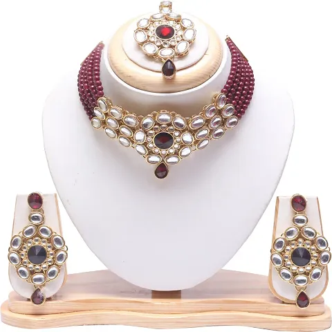 Traditional Alloy Pearl Long Necklace Set with Maangtikka