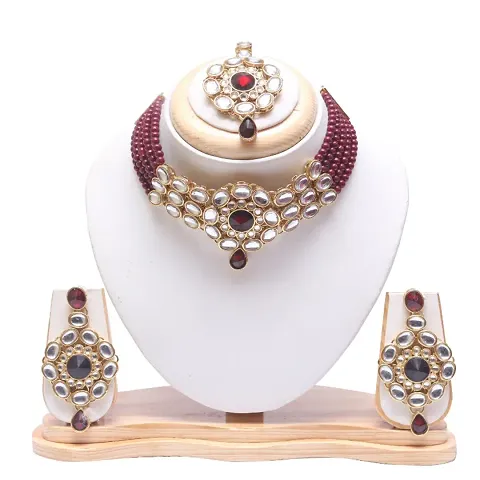 Traditional Alloy Pearl Long Necklace Set with Maangtikka