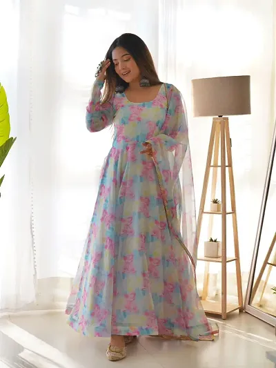 Stylish Soft Silk Digital Printed Kurta with Bottom and Dupatta Set