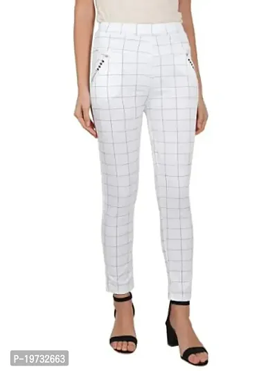 THE ELEGANT FASHION Women's Regular Fit Checks Stretchable Trouser Pants Girls Ankle Length Stylish Lycra Checked Printed Jeggings/Pant Regular Fit Track Pants, Free Size (White_Skin_Maroon)-thumb2