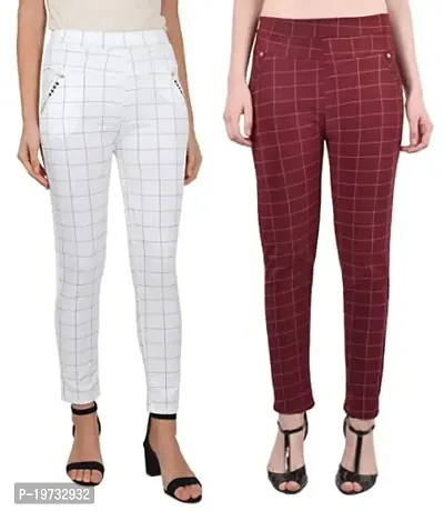 THE ELEGANT FASHION Girls Trouser/Check Pant for Women/Ladies Spandex Regular Slim Pattern Pant/Trouser/Fit Casual Stretchable Ankel Length Jegging Office Pant for Girls- Free Size (White_Maroon), L-thumb0