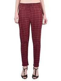 THE ELEGANT FASHION Women's Regular Fit Checks Stretchable Trouser Pants Girls Ankle Length Stylish Lycra Checked Printed Jeggings/Pant Regular Fit Track Pants, Free Size (White_Skin_Maroon)-thumb2