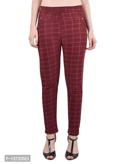 THE ELEGANT FASHION Women's Regular Fit Checks Stretchable Trouser Pants Girls Ankle Length Stylish Lycra Checked Printed Jeggings/Pant Regular Fit Track Pants, Free Size (White_Skin_Maroon)-thumb3