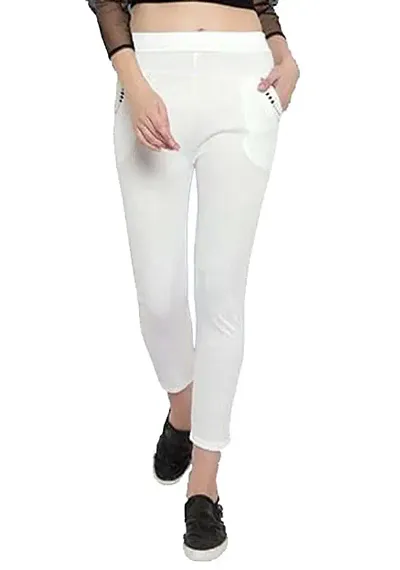 THE ELEGANT FASHION Stretchable Trouser Pants High Waist Ankle Length Stylish Lycra Track Pant Women's Chino Plane Pants(Free Size) (White)