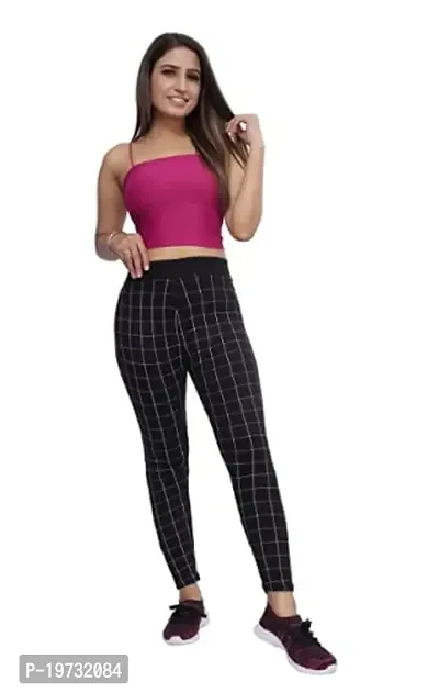 THE ELEGANT FASHION Women's Regular Fit Checks Stretchable Trouser Pants Ankle Length Stylish Lycra Checked Printed Jeggings/Pant Regular Fit Trackpants Checks Pattern for Women and Girls (Black)-thumb5