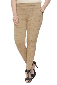 Stylish Cotton Blend White  Beige Checked Elasticated Waist Trouser For Women (Pack Of 2 )-thumb2