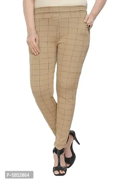 Stylish Cotton Blend White  Beige Checked Elasticated Waist Trouser For Women (Pack Of 2 )-thumb3