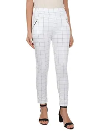 Stylish Cotton Blend White  Beige Checked Elasticated Waist Trouser For Women (Pack Of 2 )-thumb1