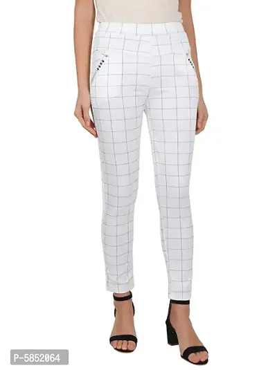 Stylish Cotton Blend White  Beige Checked Elasticated Waist Trouser For Women (Pack Of 2 )-thumb2