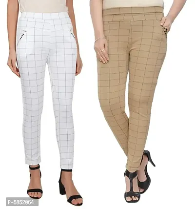 Stylish Cotton Blend White  Beige Checked Elasticated Waist Trouser For Women (Pack Of 2 )-thumb0