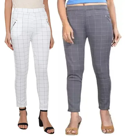 THE ELEGANT FASHION Women/Girls Trouser/Check Pant for Ladies Spandex Check Pattern Pant/Trouser/Fit Casual Stretchable Ankel Length Slim Fit Jegging for Girls- Free Size (Pack of 2) (White_Grey)