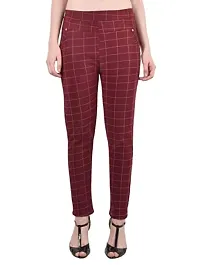 THE ELEGANT FASHION Women's Regular Fit Checks Stretchable Trouser Pants Girls Ankle Length Stylish Lycra Checked Printed Jeggings/Pant Regular Fit Track Pants, Free Size (White_Maroon_Grey)-thumb2