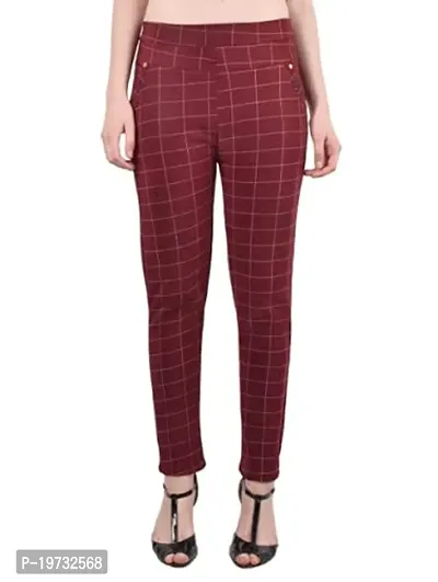 THE ELEGANT FASHION Women's Regular Fit Checks Stretchable Trouser Pants Girls Ankle Length Stylish Lycra Checked Printed Jeggings/Pant Regular Fit Track Pants, Free Size (White_Maroon_Grey)-thumb3