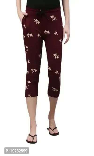 THE ELEGANT FASHION Women's Calf Length Printed Capri Cropped Leggings Cotton Lycra Fabric Slim Fit 3/4th | Pants (Free Size, Maroon)-thumb0