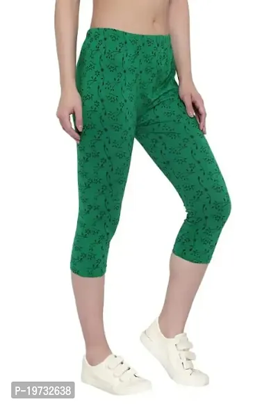 THE ELEGANT FASHION Women's Calf Length Printed Capri Cropped Leggings Cotton Lycra Fabric Slim Fit 3/4th | Pants (Free Size, Olive Green)-thumb2