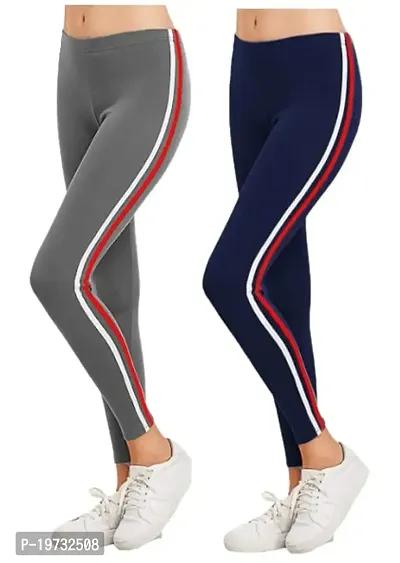 THE ELEGANT FASHION Girls Ankle Length Leggings Free Size Workout Pant Stretchable Striped Jeggings Women's Poly Spandex Regular Fit Solid Pant for Yoga/Gym/Dance Leggings (Grey-Navy Blue)-thumb0