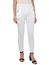 THE ELEGANT FASHION Girls Trouser/Check Pant for Women/Ladies Spandex Regular Slim Pattern Pant/Trouser/Fit Casual Stretchable Ankel Length Jegging Office Pant for Girls- Free Size (White_Maroon), L-thumb1