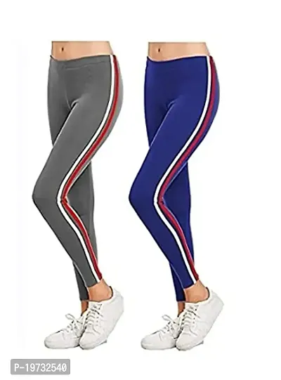 THE ELEGANT FASHION Girls Ankle Length Leggings Free Size Workout Pant/Stretchable Striped Jeggings/Women's Poly Spandex Regular Fit Solid Pant for Yoga/Gym/Dance Leggings (Grey-Royale Blue)