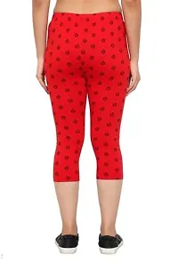 THE ELEGANT FASHION Women's Calf Length Printed Capri Cropped Leggings Cotton Lycra Fabric Slim Fit 3/4th | Pants (Free Size, Red)-thumb1