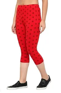 THE ELEGANT FASHION Women's Calf Length Printed Capri Cropped Leggings Cotton Lycra Fabric Slim Fit 3/4th | Pants (Free Size, Red)-thumb2