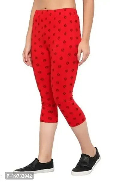 THE ELEGANT FASHION Women's Calf Length Printed Capri Cropped Leggings Cotton Lycra Fabric Slim Fit 3/4th | Pants (Free Size, Red)-thumb3