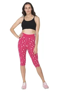 THE ELEGANT FASHION Women's Calf Length Printed Capri Cropped Leggings Cotton Lycra Fabric Slim Fit 3/4th | Pants (Free Size, Pink)-thumb1