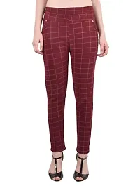 THE ELEGANT FASHION Girls Trouser/Check Pant for Women/Ladies Spandex Regular Slim Pattern Pant/Trouser/Fit Casual Stretchable Ankel Length Jegging Office Pant for Girls- Free Size (White_Maroon), L-thumb3